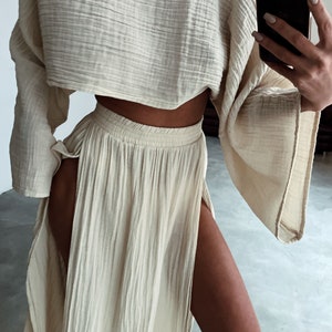 Falda larga de algodón con doble abertura, playa de traje boho, falda maxi, traje de verano de algodón, falda de yoga, cubierta de traje de baño, ropa mexicana, regalo para ella Beige