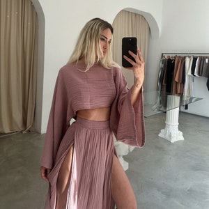Double Slit Skirt Suit,Maxi High Skirt,Boho Swimsuit Cover-up,Linen Top Set,Hippie,Two Piece Skirt Set,Rave Outfit,Beach Boho Outfit,Goddess
