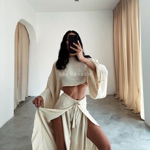 Cotton Split Flowy Trousers,Yoga High Slit Skirt Trousers,Hippie Wide Leg Casual,Adjustable,Summer Beach Outfit,Harem Pants,Festival Outfit