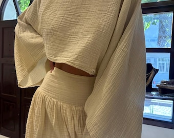 Boho Cotton Two-Piece Skirt Set: Summer, Vacation, Beach, Cocktail Party, Crop Top, Festival
