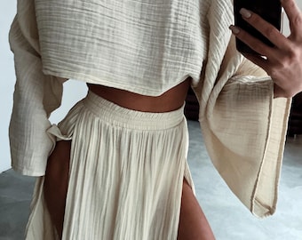 Komplet spódnicy boho z bawełny z podwójnym rozcięciem: luźny krótki top, dwuczęściowy, letni, festiwalowy, hipisowski,