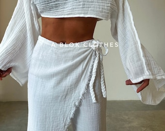 Two Piece Set,Wrap Adjustable,Cotton Flowy Pants -Top,Sustainable Wide Leg Boho Pants,Summer Fall Clothing,Boho Hippie Harem Pants Top Set,