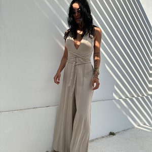 Linen Braided Straps Jumpsuit,Bohemian Backless Jumpsuit Dress,,Grecian Dress,Summer Dress,Wedding Guest Dress,Festival Outfit,Boho