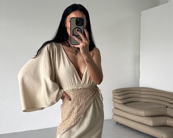 Boho Linen Goddess Dress: Wedding Guest,Deep V-Neck,High Slit,Backless,Beach,Cleopatra,