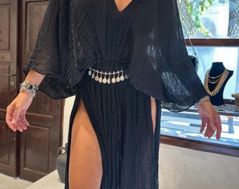 Boho Linen Goddess Dress: High Slit,Festival,Deep V-Neck,Beach,Greek Medieval,vacation,Vintage