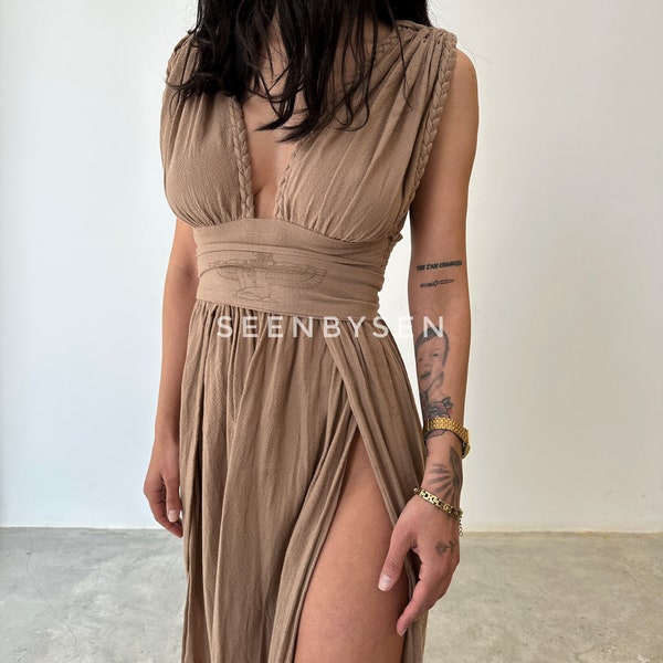 Greek Goddess Dress Costume,,Slit Backless Dress,Wedding Guest Dress,Boho Grecian Dress,Beach Wedding Dress,Cottagecore Dress,Renaissance