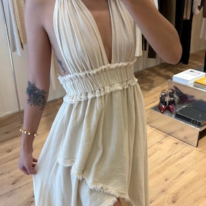 Linen offwhite Dress Goddess Dress,High Slit Dress,Wedding Guest Dress,Summer Dress,Backless Dress,Gift for Her,Beach Cocktail,Festival,