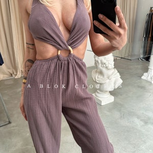 Boho Organic Jumpsuit, Backless Jumpsuit Dress,,Grecian Dress,Summer Dress,Wedding Guest Dress,Festival Outfit,Boho Summer Dress,sexy dress Plum Color