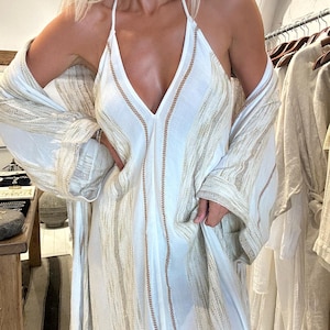 Kimono und Kleid Zwei-Teile Set, Boho Rückenfreies Schlitz Kleid, Festival Kleid, Göttinen Kleid, Sommerkleid, Bio Maxi Kleid, Griechisch, Strand Cocktail