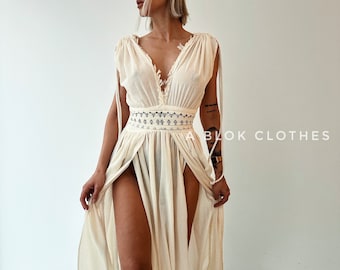 Boho-Göttinnenkleid, bescheidenes Hochzeitskleid, Sommerkleid mit hohem Schlitz, Hochzeitsgästekleid, Strandhochzeitskleid, griechisches Kleid, Strandcocktailkleid