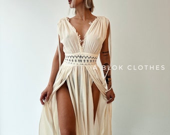 Robe de déesse bohème, robe de mariée modeste, robe d'été à fente haute, robe d'invitée du mariage, robe de mariée de plage, robe grecque, robe de cocktail de plage