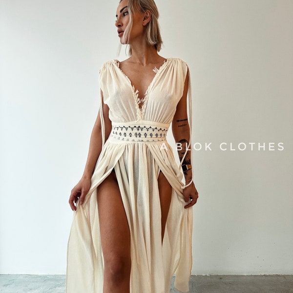 Boho-Göttinnenkleid, bescheidenes Hochzeitskleid, Sommerkleid mit hohem Schlitz, Hochzeitsgästekleid, Strandhochzeitskleid, griechisches Kleid, Strandcocktailkleid