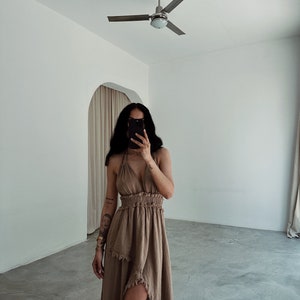 Linen Asymmetric Dress Goddess Dress,High Slit Dress,Wedding Guest Dress,Summer Long Dress,Backless Beach Wedding Dress,Gift for Her Brown