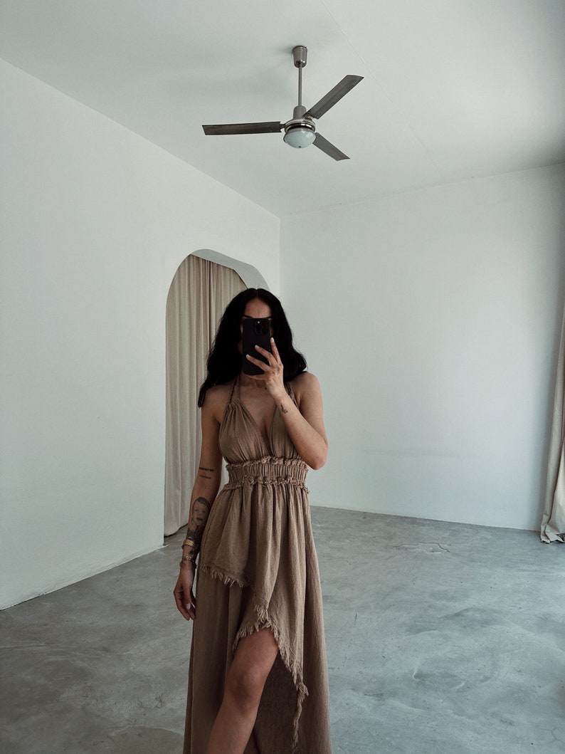 Linen Asymmetric Dress Goddess Dress,High Slit Dress,Wedding Guest Dress,Summer Long Dress,Backless Beach Wedding Dress,Gift for Her Brown