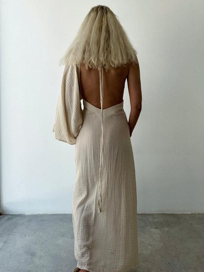 One Shoulder Backless Goddess Dress,Egyptian Roman Dress,Boho Slit Long Dress,Summer Long Dress,Wedding Guest Dress,Maxi Dress,Grecian Dress Beige