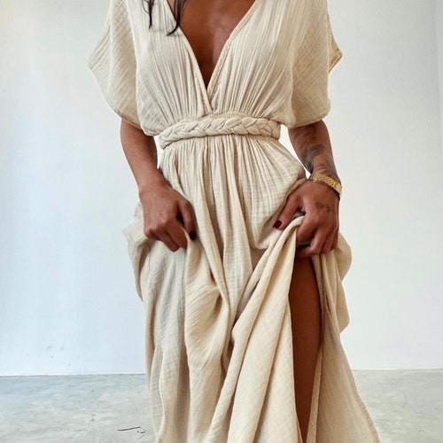 Bohemian Style Cream Colored Cotton shops Fabric long Dress Slitted by Side with Braid Lace to Tie
