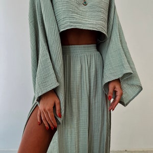 Double Slit Skirt Suit,Maxi High Skirt,Boho Swimsuit Cover-up,Linen Top Set,Hippie,Two Piece Skirt Set,Rave Outfit,Beach Boho Outfit,Goddess Mint Green