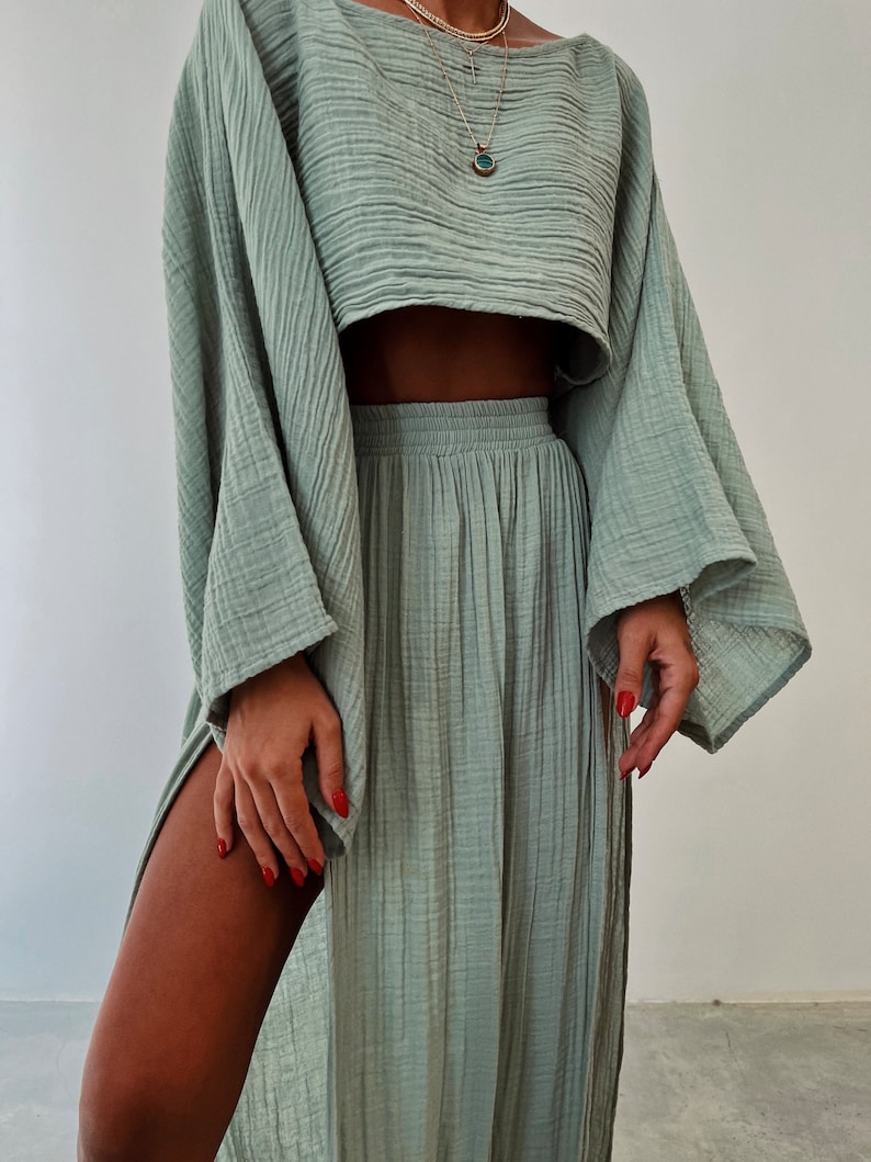 Double Slit Skirt Suit,Maxi High Skirt,Boho Swimsuit Cover-up,Linen Top Set,Hippie,Two Piece Skirt Set,Rave Outfit,Beach Boho Outfit,Goddess Mint Green