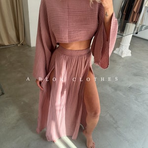 Tailleur jupe double fente, jupe longue, cache-maillot bohème, ensemble haut en lin, hippie, ensemble jupe deux pièces, tenue rave, tenue plage bohème, déesse Dusty Rose