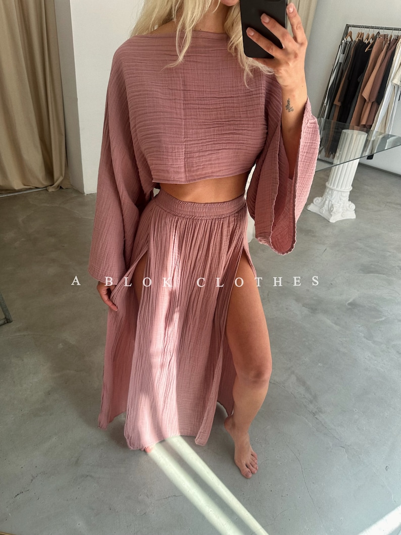 Double Slit Skirt Suit,Maxi High Skirt,Boho Swimsuit Cover-up,Linen Top Set,Hippie,Two Piece Skirt Set,Rave Outfit,Beach Boho Outfit,Goddess Dusty Rose