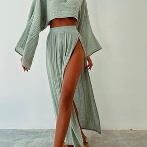 Falda larga de algodón con doble abertura, playa de traje boho, falda maxi, traje de verano de algodón, falda de yoga, cubierta de traje de baño, ropa mexicana, regalo para ella MintGreen