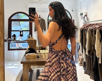 Patterned Boho Jumpsuit Dress for Women, Flowy, Loose Summer Outfit, Wide Leg,Open Back