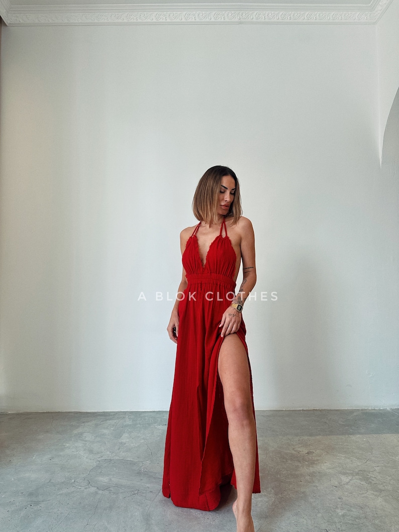 Cotton Backless Dress,greek Goddess Dress,high Slit Dress,wedding Guest