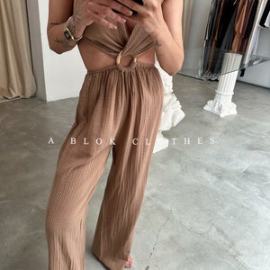 Boho Organic Jumpsuit, Backless Jumpsuit Dress,,Grecian Dress,Summer Dress,Wedding Guest Dress,Festival Outfit,Boho Summer Dress,sexy dress Brown