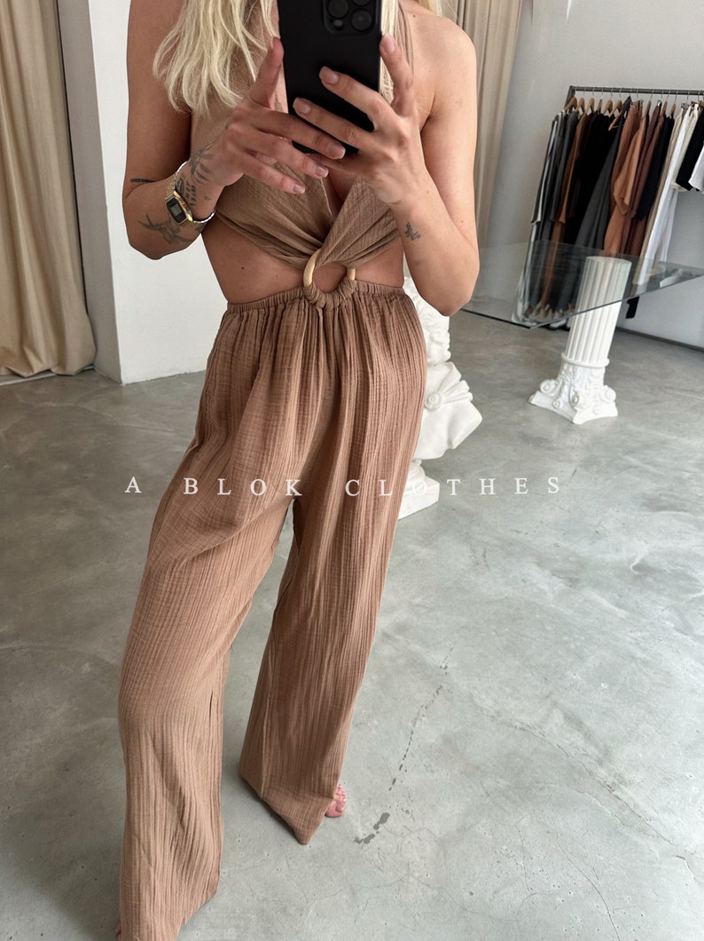 Boho Organic Jumpsuit, Backless Jumpsuit Dress,,Grecian Dress,Summer Dress,Wedding Guest Dress,Festival Outfit,Boho Summer Dress,sexy dress Brown