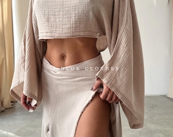Boho Raw Cotton High Double Slit Skirt: Festival,Gypsy Skirt,Summer Outfit,Hippie,Beach