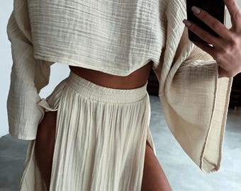 Double Slit Skirt Set,Maxi High Skirt,Boho Swimsuit Cover-up,Cotton Top Set,Hippie,Two Piece Set,Rave,Beach Boho,Goddess Dress,İbiza dress