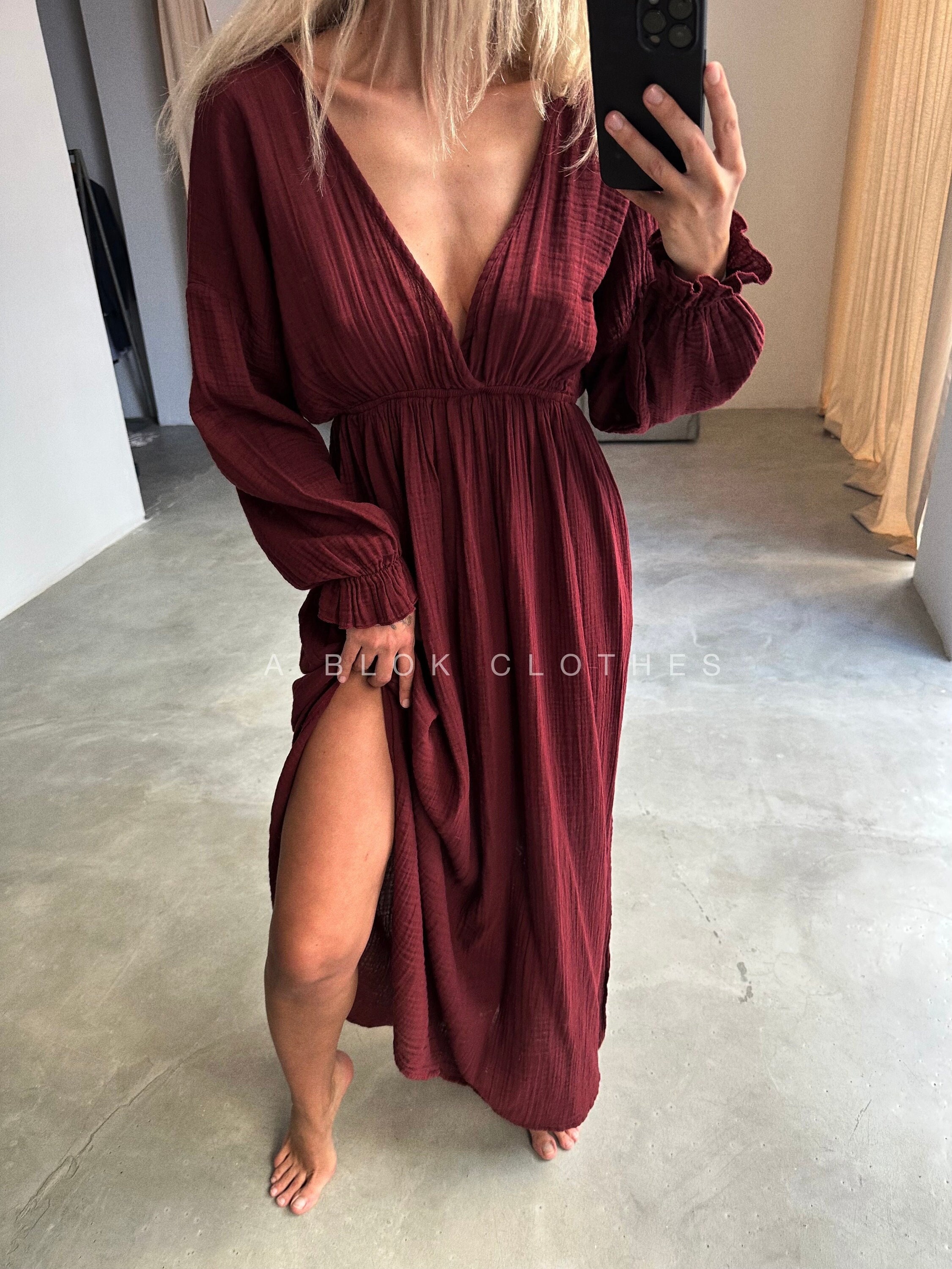 Evening Gowns Wrap Over Long Sleeve Bardot Maxi Dress Organic Cotton Fall Long Sleeve Dress: Burgundy Evening Gowns Wrap Over Long Sleeve Bardot Maxi Dress Organic Cotton Fall Long Sleeve Dress: Burgundy