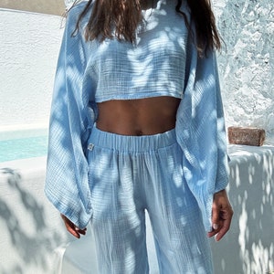 CottonTwo Piece Set,Women Summer Clothing,Casual Set,Wide Leg Pants,Sustainable,Palazzo Pants,Yoga Outfit,Gauze Outfit,Matching set,Crop set