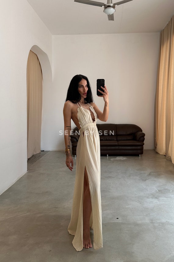 Red Cotton Backless Dress Greek Goddess Dress high Slit Dress wedding Guest Dress summer Long Dress grecian Dress boho Cocktail Dress rave Etsy