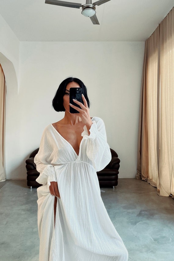 boho plain dress White Cotton Simple Wedding Dress: Maxi,deep V-neck,long Sleeve Maternity,plus Size Inside Olivia Rodrigo's Double Midi-Dress Explore the versatility of Color:KVJ