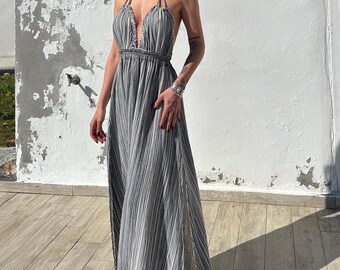 Boho Backless High Slit Dress,Goddess,Beach Wedding Guest,Greek Medieval,vacation,Summer,Cocktail
