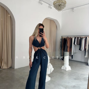 Boho Organic Jumpsuit, Backless Jumpsuit Dress,,Grecian Dress,Summer Dress,Wedding Guest Dress,Festival Outfit,Boho Summer Dress,sexy dress Navy Blue