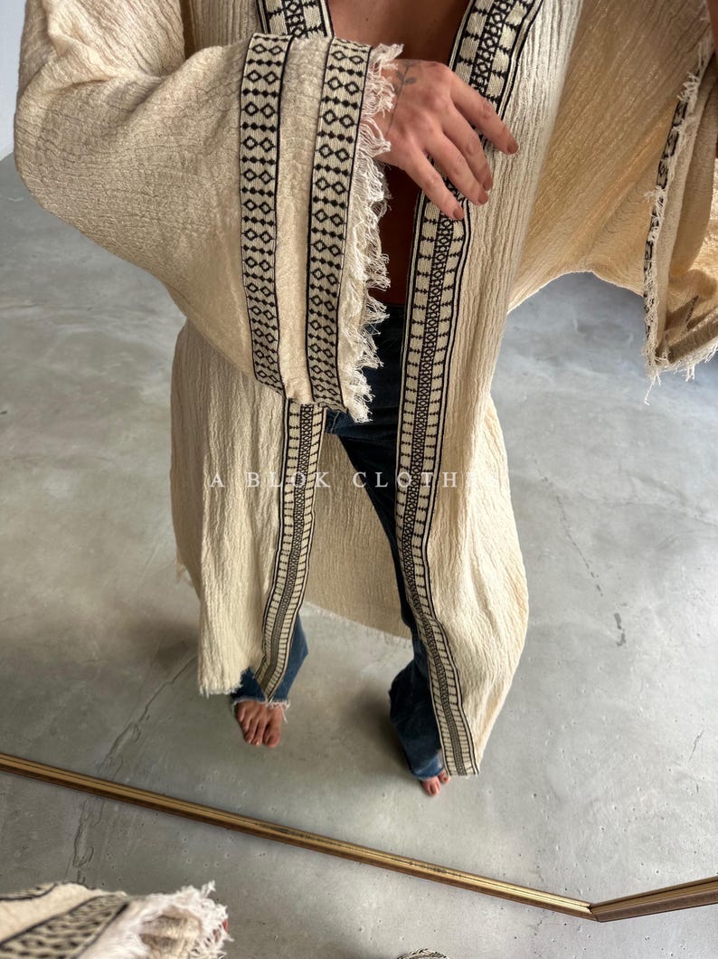 Frayed Robe Handmade Boho Cotton Kimono: Embroidered Beach Caftan, Medieval Robe ...