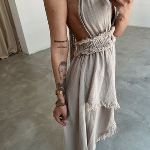 Linen Asymmetric Dress Goddess Dress,High Slit Dress,Wedding Guest Dress,Summer Long Dress,Backless Beach Wedding Dress,Gift for Her Beige