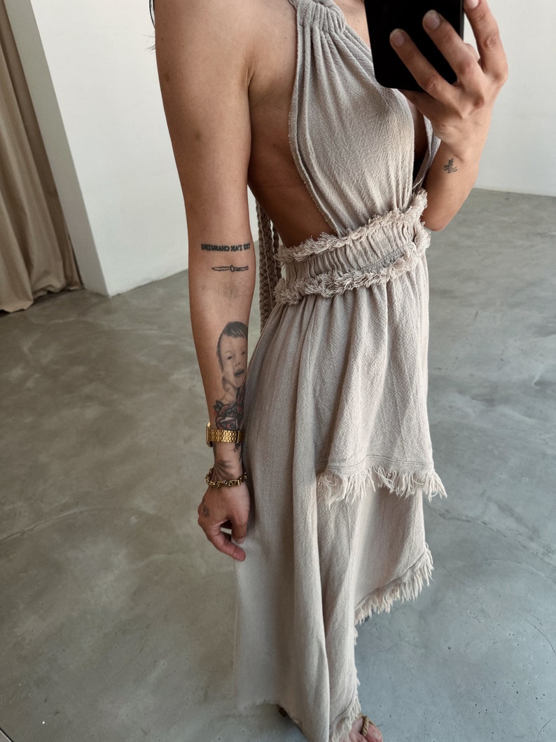 Linen Asymmetric Dress Goddess Dress,High Slit Dress,Wedding Guest Dress,Summer Long Dress,Backless Beach Wedding Dress,Gift for Her Beige