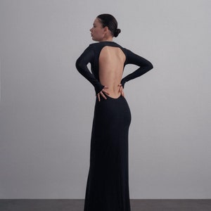 Backless Long Sleeve Maxi Dress, Cocktail Dress, Beach Wedding Dress,Wedding Guest Dress,Black Long Dress,Bodybuilding Fabric Dress,