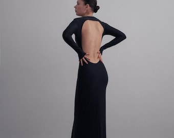 Robe longue dos nu à manches longues, Robe de cocktail, Robe de mariée de plage, Robe d'invitée au mariage, Robe longue noire, Robe en tissu de musculation,