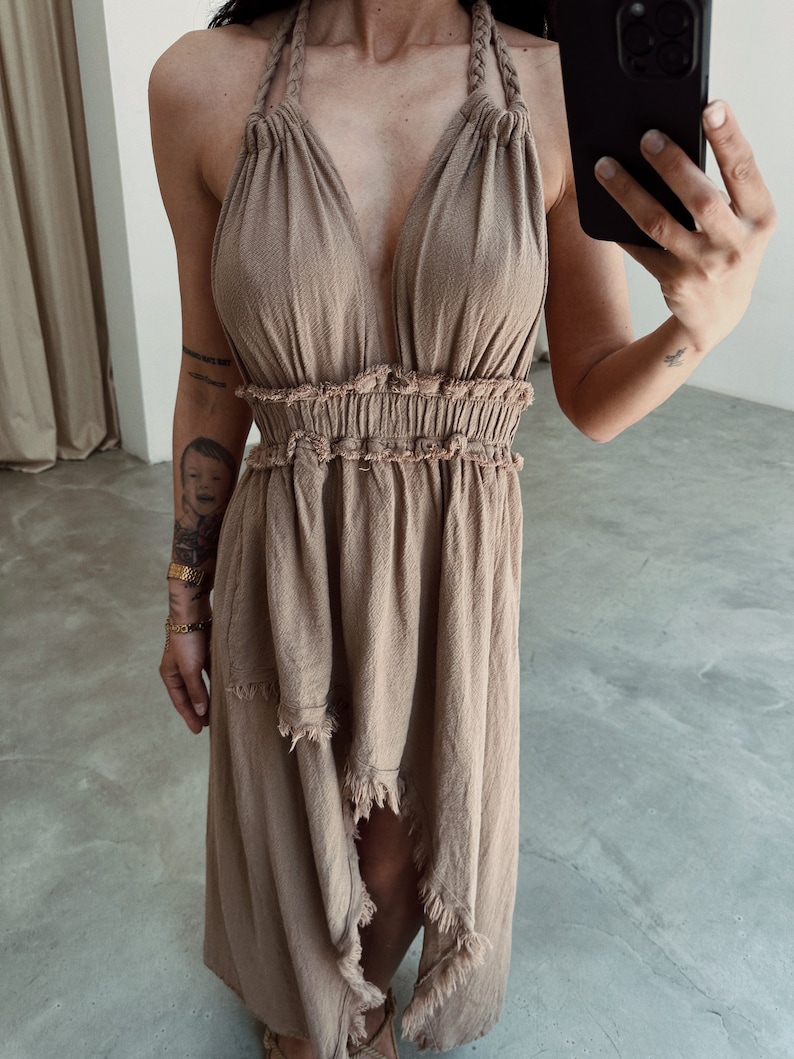 Robe asymétrique en lin, Robe de déesse, Robe fendue haute, Robe d'invitée pour un mariage, Robe longue d'été, Robe de mariée de plage dos nu, Cadeau pour elle image 6