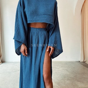 Double Slit Skirt Suit,Maxi High Skirt,Boho Swimsuit Cover-up,Linen Top Set,Hippie,Two Piece Skirt Set,Rave Outfit,Beach Boho Outfit,Goddess Blue