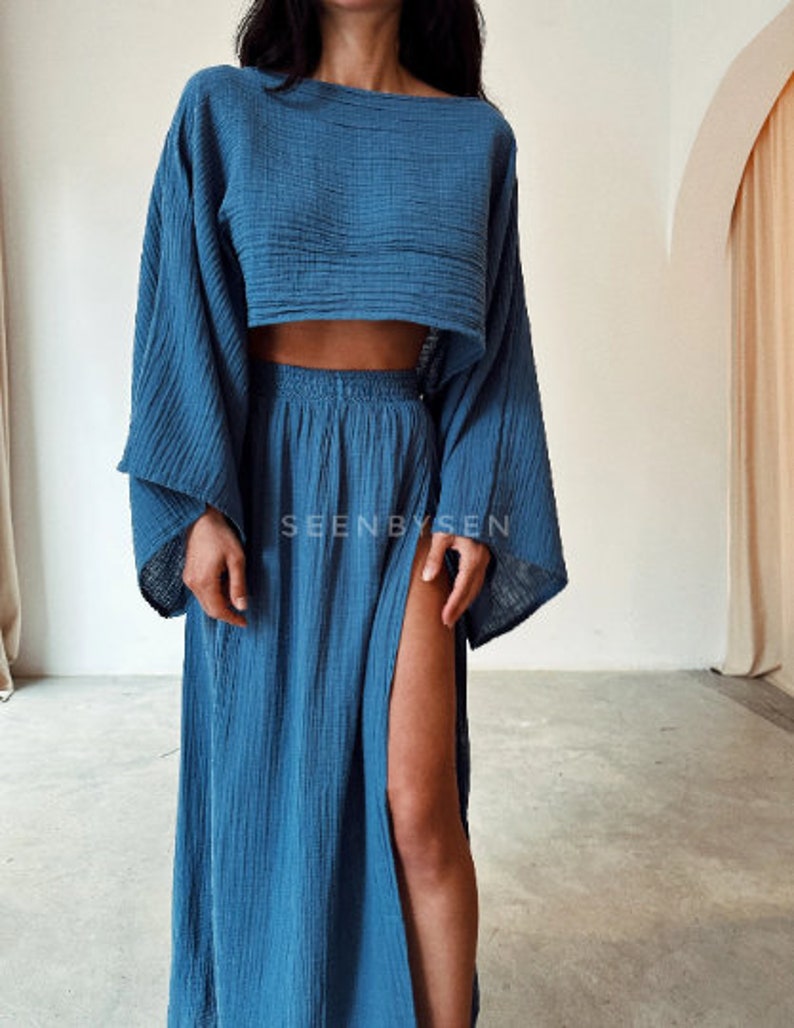 Double Slit Skirt Suit,Maxi High Skirt,Boho Swimsuit Cover-up,Linen Top Set,Hippie,Two Piece Skirt Set,Rave Outfit,Beach Boho Outfit,Goddess Blue