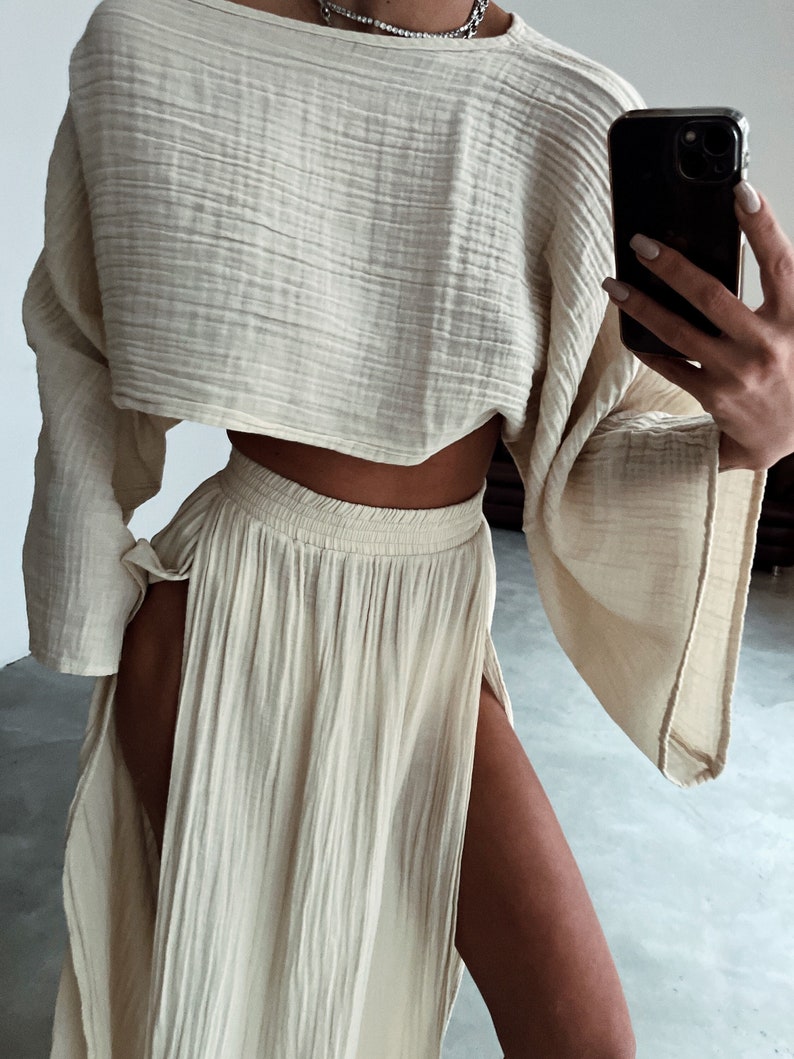 Double Slit Skirt Suit,Maxi High Skirt,Boho Swimsuit Cover-up,Linen Top Set,Hippie,Two Piece Skirt Set,Rave Outfit,Beach Boho Outfit,Goddess Beige