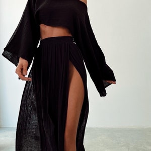 Double Slit Skirt Suit,Maxi High Skirt,Boho Swimsuit Cover-up,Linen Top Set,Hippie,Two Piece Skirt Set,Rave Outfit,Beach Boho Outfit,Goddess Black