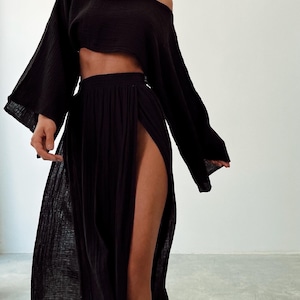 Double Slit Skirt Suit,Maxi High Skirt,Boho Swimsuit Cover-up,Linen Top Set,Hippie,Two Piece Skirt Set,Rave Outfit,Beach Boho Outfit,Goddess