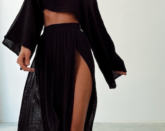Double Slit Skirt Suit,Maxi High Skirt,Boho Swimsuit Cover-up,Linen Top Set,Hippie,Two Piece Skirt Set,Rave Outfit,Beach Boho Outfit,Goddess