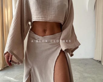 High Double Slit Boho Skirt,Beach Outfit,Maxi Skirt,Hippie,Summer Outfit,Yoga Outfit,Swimsuit Cover up,Mexican Clothing,Tribal Outfit,Gypsy